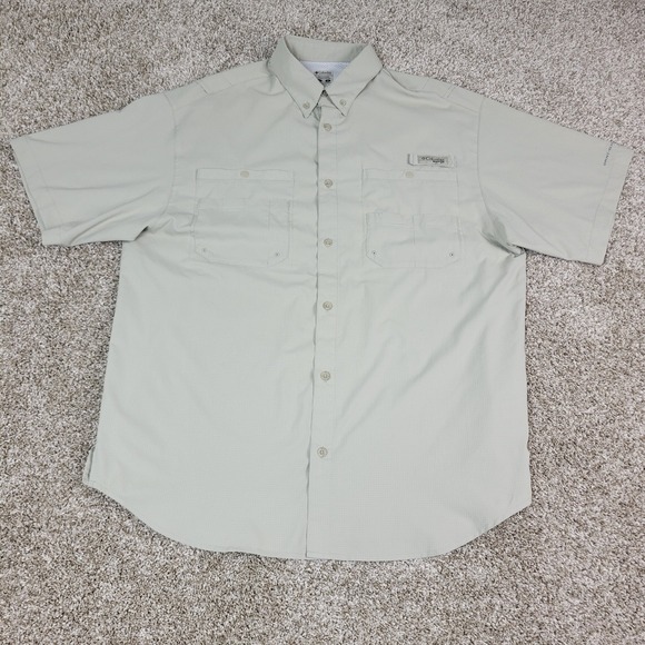 Columbia PFG Omni Shade Mens Large Beige Vented Button Down Short Sleeve - Picture 2 of 6